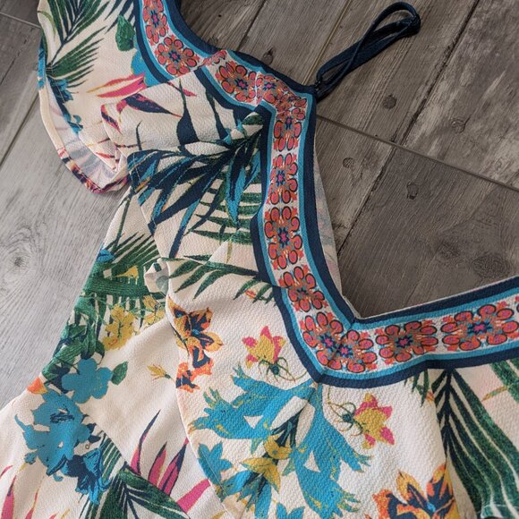 Flying Tomato, Strappy Cold Shoulder Ruffle Pants Romper, Tropical Print, Sz S - Picture 3 of 9